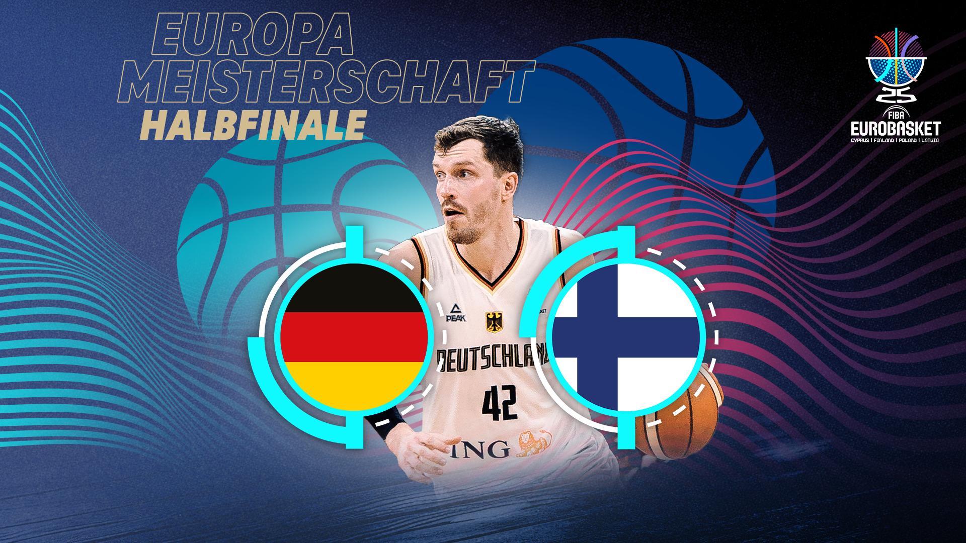 Werbegrafik EuroBasket Halbfinale Deutschland - Finnland mit Logos und Andi Obst